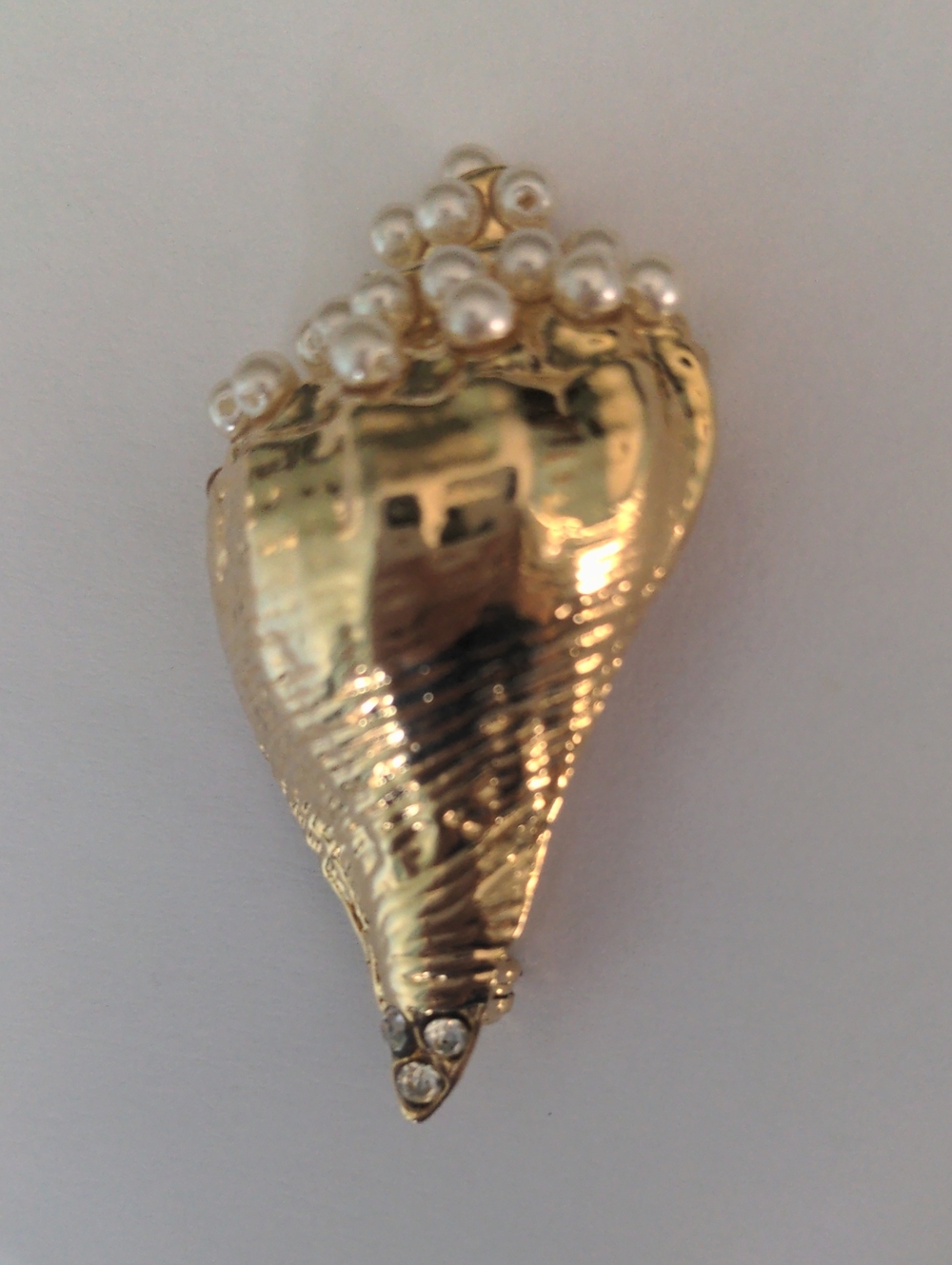 Gold Shell Pearl Accent Brooch, Pin New, 2" Long, High Polish Shine, Ocean